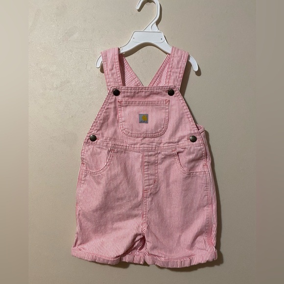 Carhartt Shortalls Bib Overalls Shorts Pink/White Striped One Piece 4T - Picture 1 of 4